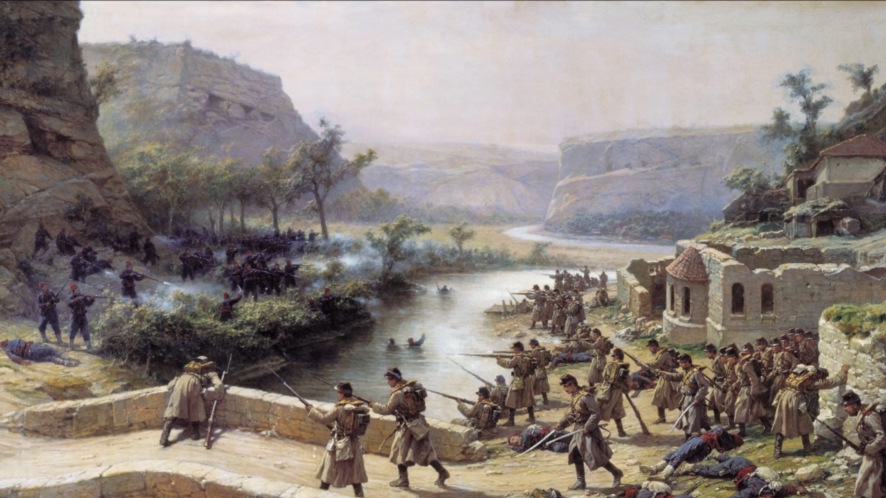 Slika prikazuje borbe srpske i osmanske vojske tokom oslobođenja Niša 1878. godine